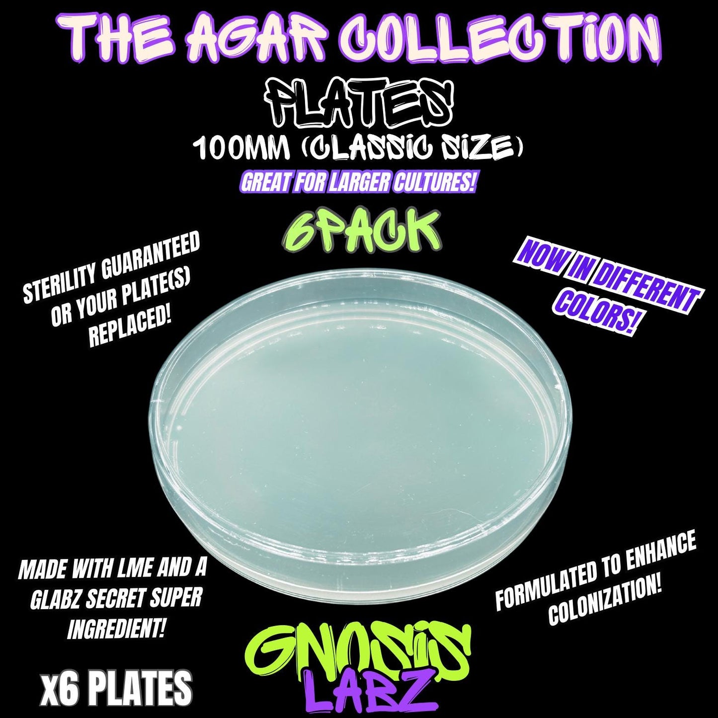 6 Pack of 100mm Agar Plates - Sterilized Agar Media Petri Dishes - Great for Larger Cultures (Different Colors Available) - Gnosis Labz Gnosis Labz Green