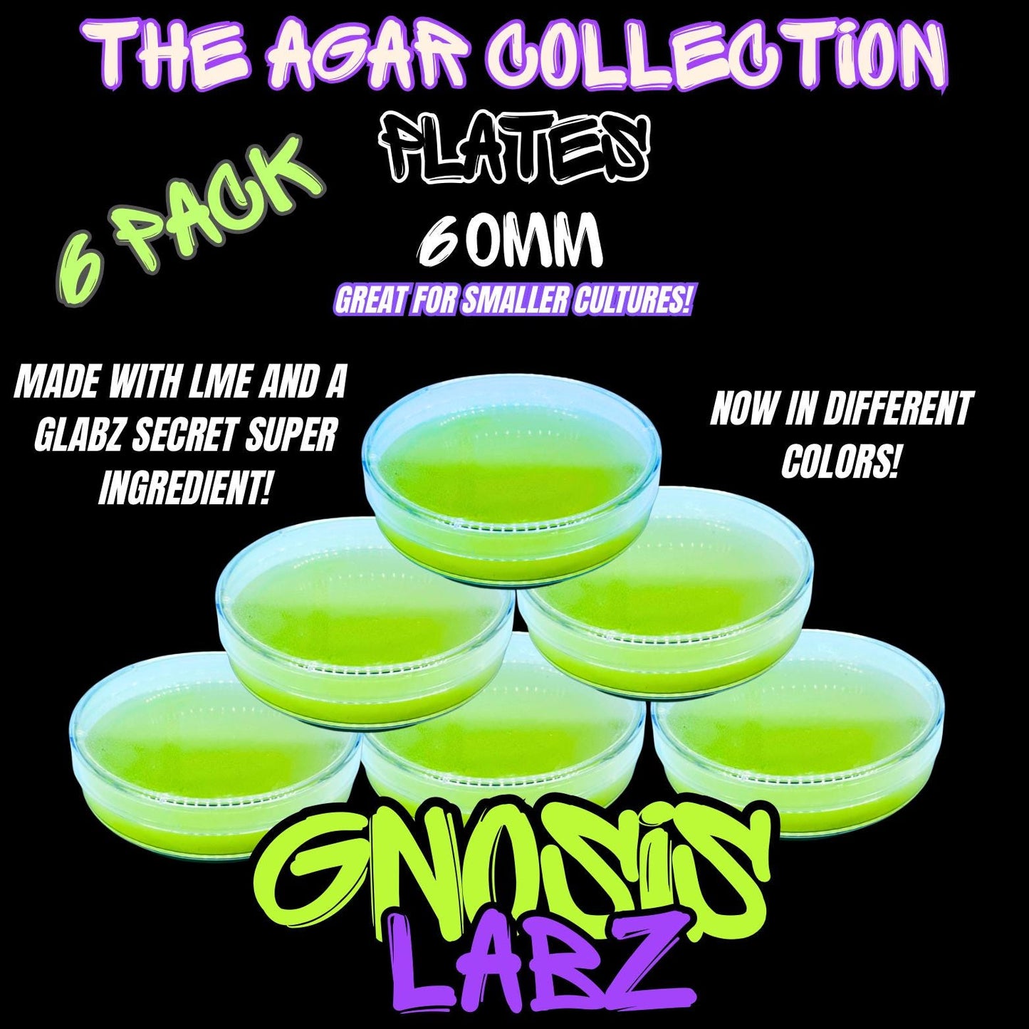 6 Pack of 60mm Agar Plates - Sterilized Agar Media Petri Dishes - Great for Small Cultures (Different Colors Available) - Gnosis Labz Gnosis Labz Green
