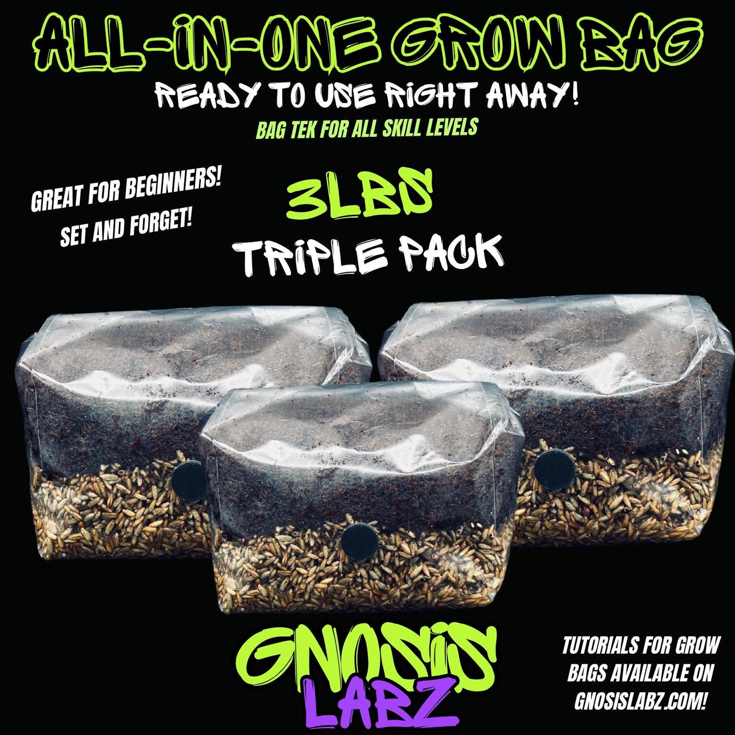 3lb All in One Mushroom Grow Kit Bag - 3Pack Bundle with Injection Port and Filter Patch! Great for most cultures! - Gnosis Labz Gnosis Labz Rye Berries