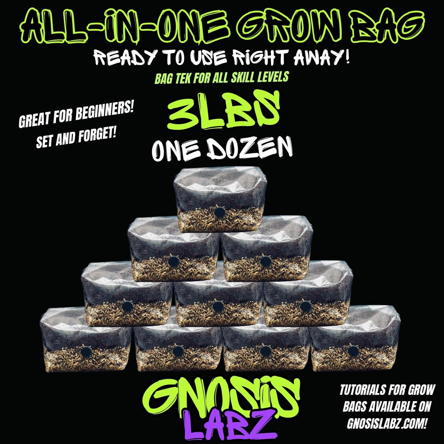 One Dozen All in One Mushroom Grow Kit Bags (3lbs) with Injection Port and Filter Patch! - Gnosis Labz Gnosis Labz Rye Berries