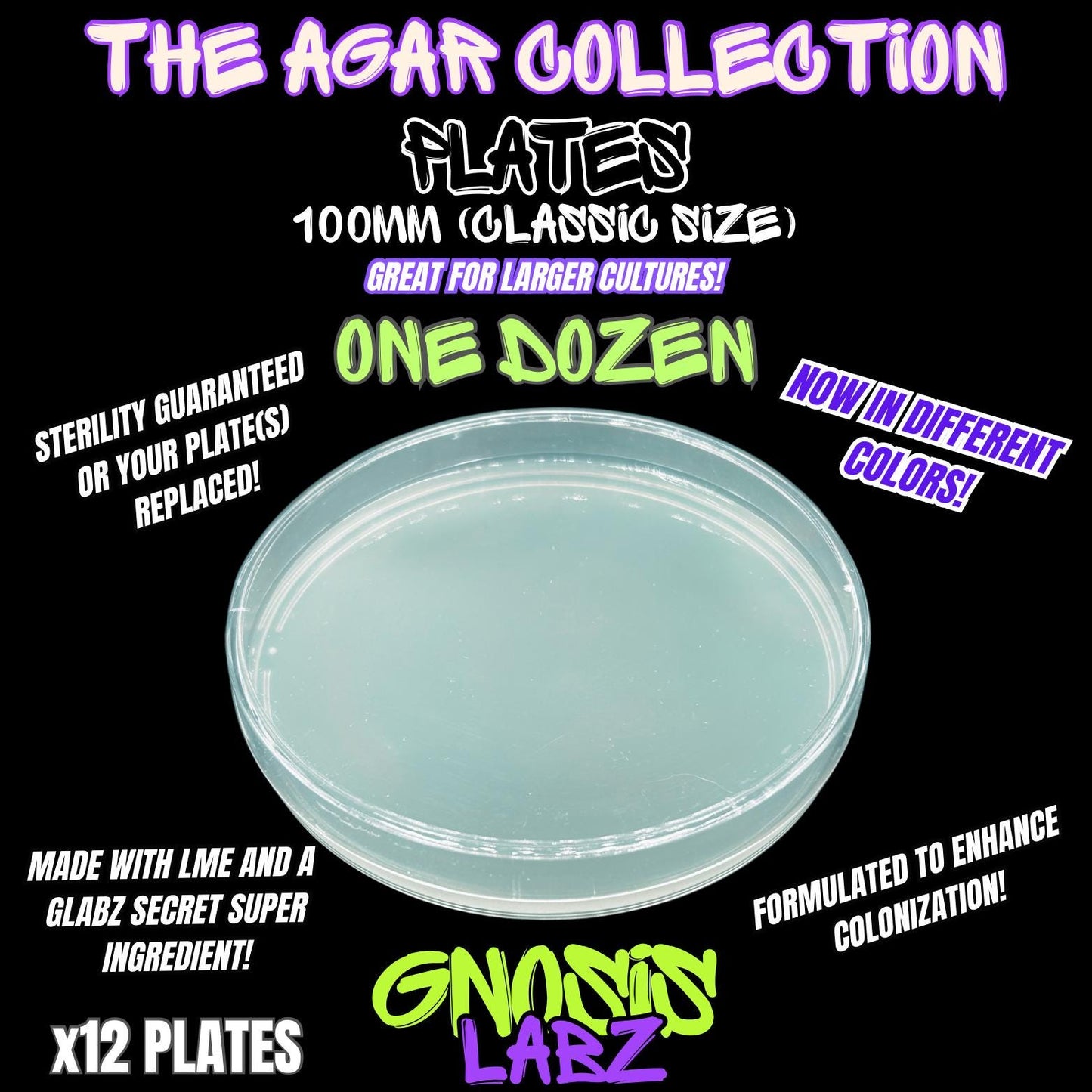 One Dozen 100mm Agar Plates - Sterilized Agar Media Petri Dishes - Great for Larger Cultures (Different Colors Available) - Gnosis Labz Gnosis Labz Green
