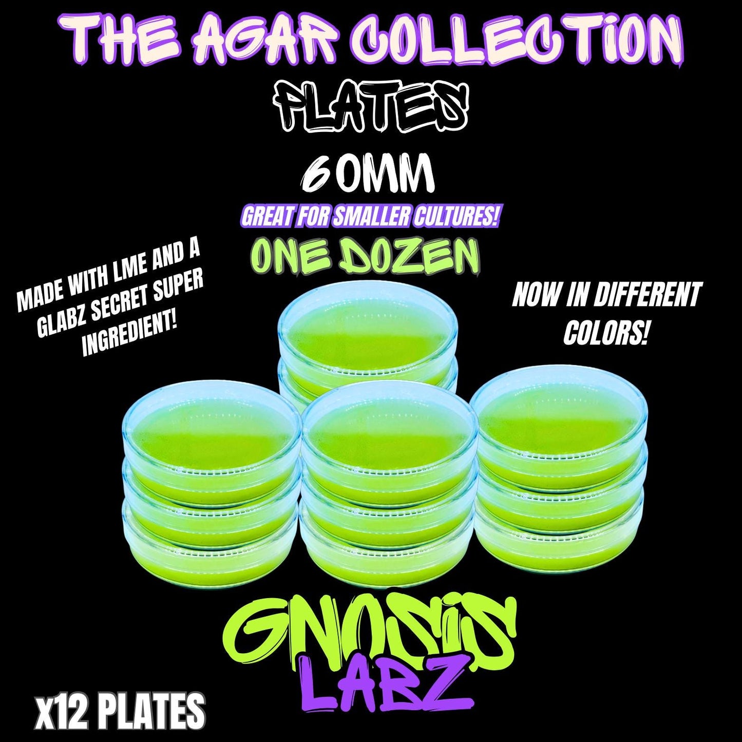 One Dozen 60mm Agar Plates - Sterilized Agar Media Petri Dishes - Great for Small Cultures (Different Colors Available) - Gnosis Labz Gnosis Labz Green