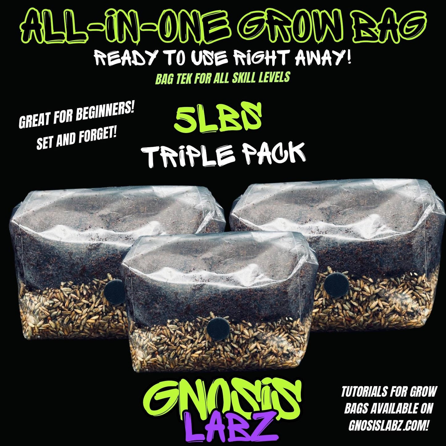 5lbs All in One Mushroom Grow Kit Bag! 3 Pack Bundle with Injection Port and Filter Patch! Great for Most Cultures! - Gnosis Labz Gnosis Labz Rye Berries