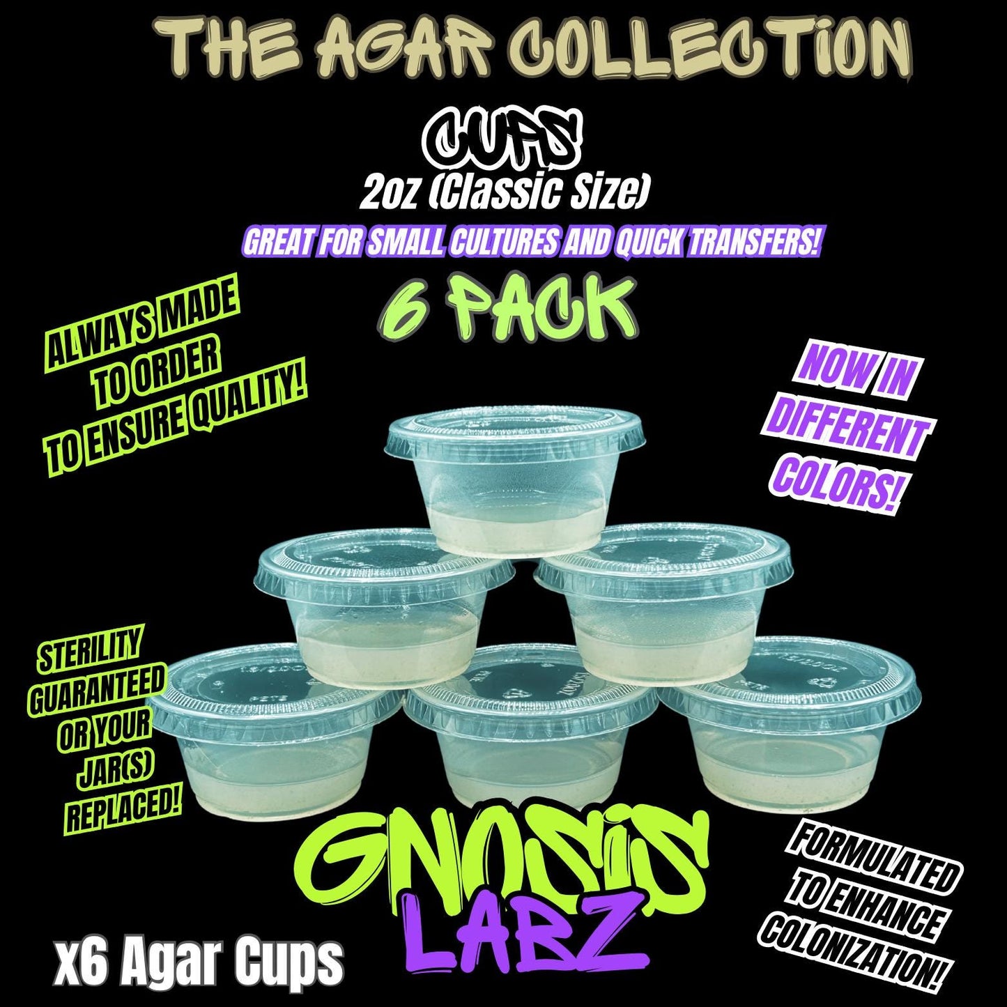 6 Pack of 2oz Agar Cups - Sterilized Agar Media - Great for Small Cultures (Buy more save more!) - Gnosis Labz Gnosis Labz Green