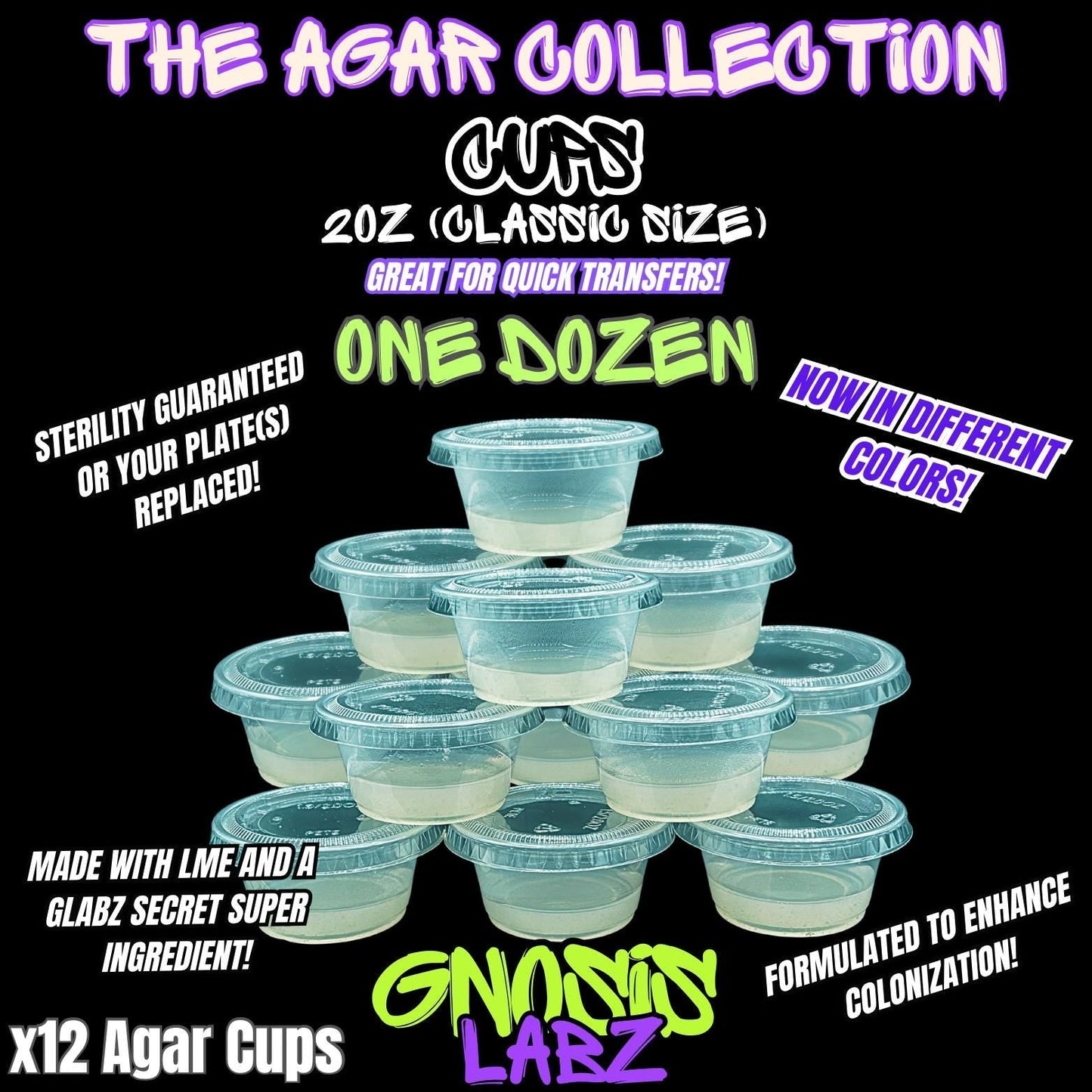 12-Pack 2 oz Sterile Agar Cups | Green, Purple, Clear - Gnosis Labz