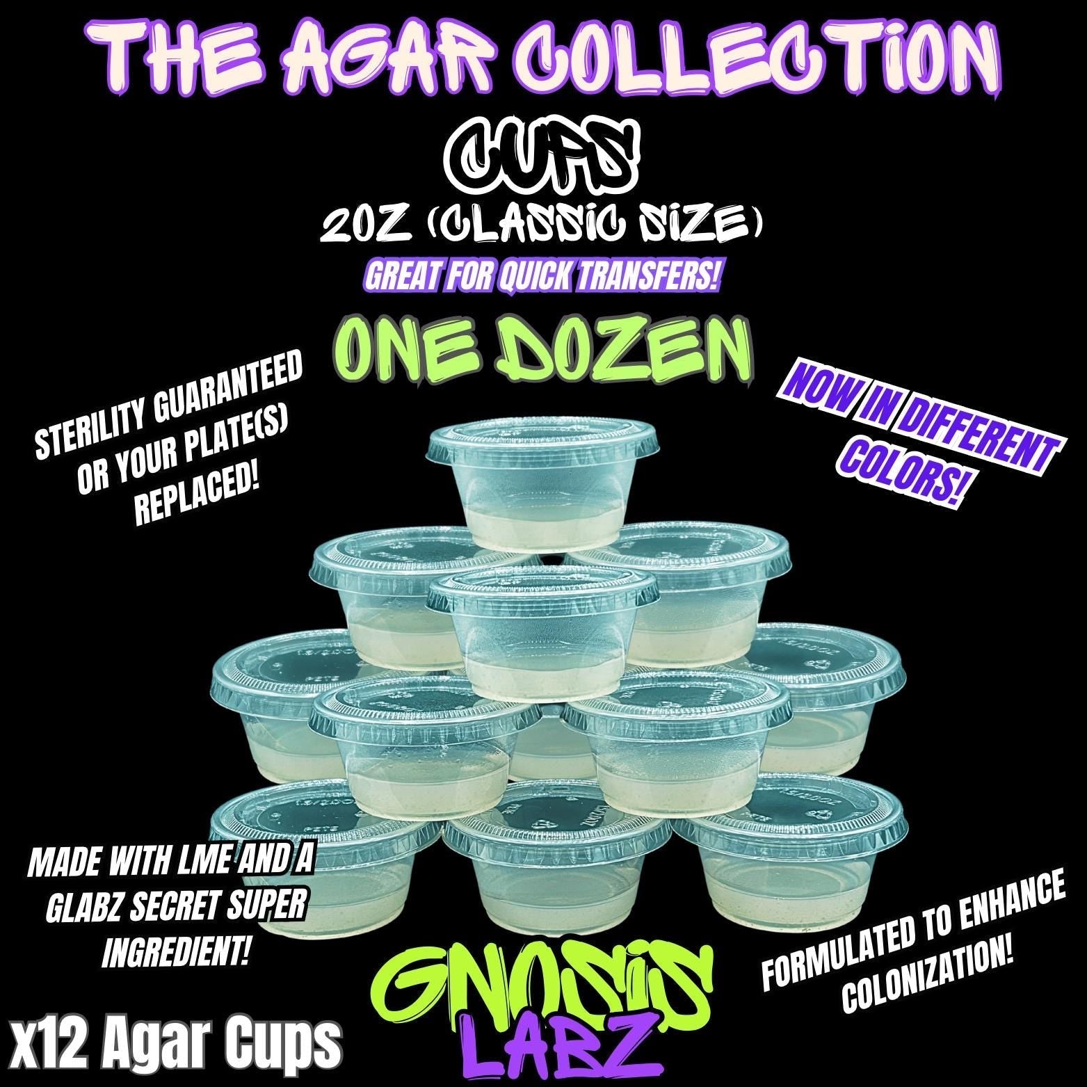 12-Pack 2 oz Sterile Agar Cups | Green, Purple, Clear - Gnosis Labz