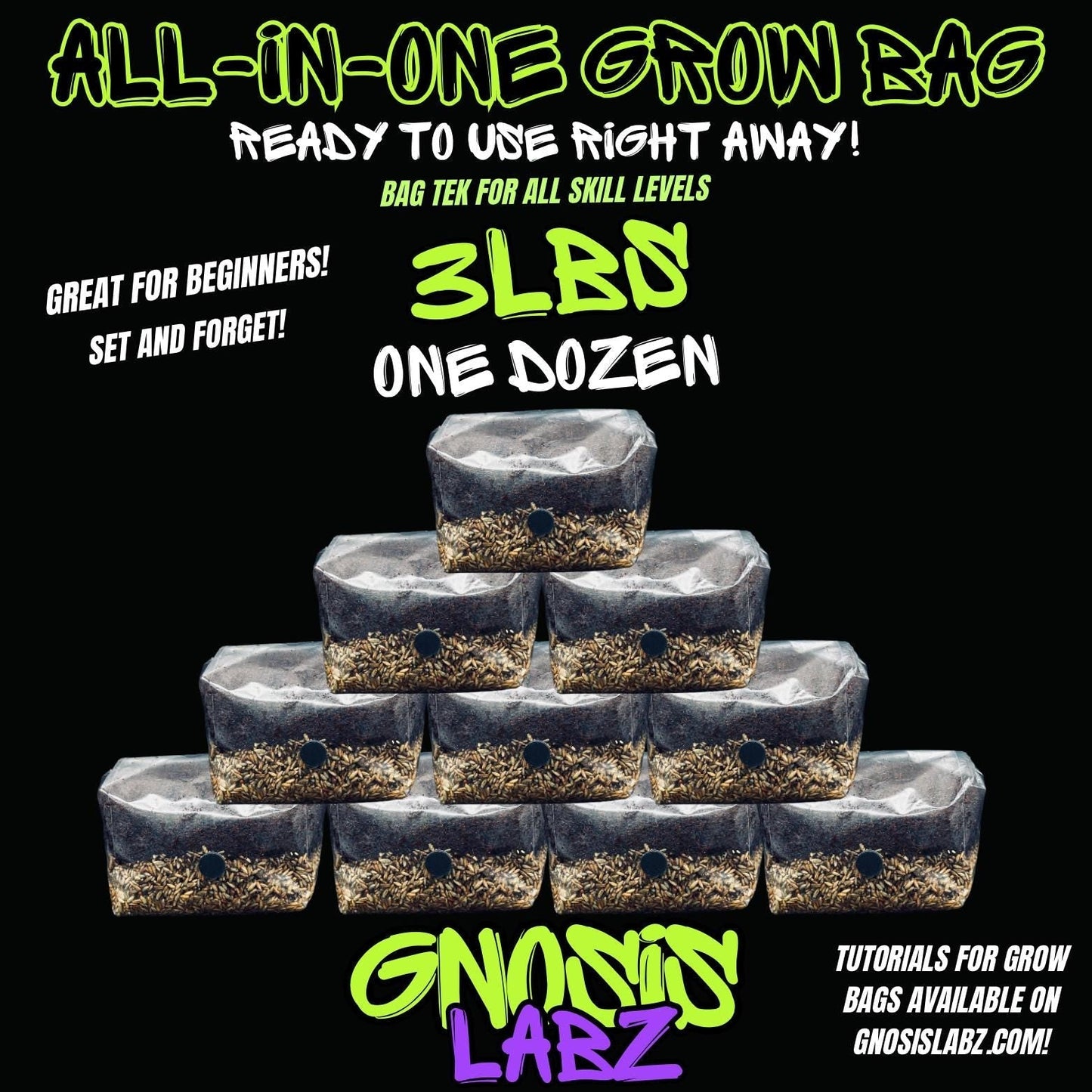 12-Pack 3 lb All-in-One Mushroom Grow Bags | Injection Port + Filter Patch - Gnosis Labz