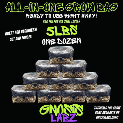 12-Pack 5 lb All-in-One Mushroom Grow Bags | Injection Port + Filter Patch - Gnosis Labz