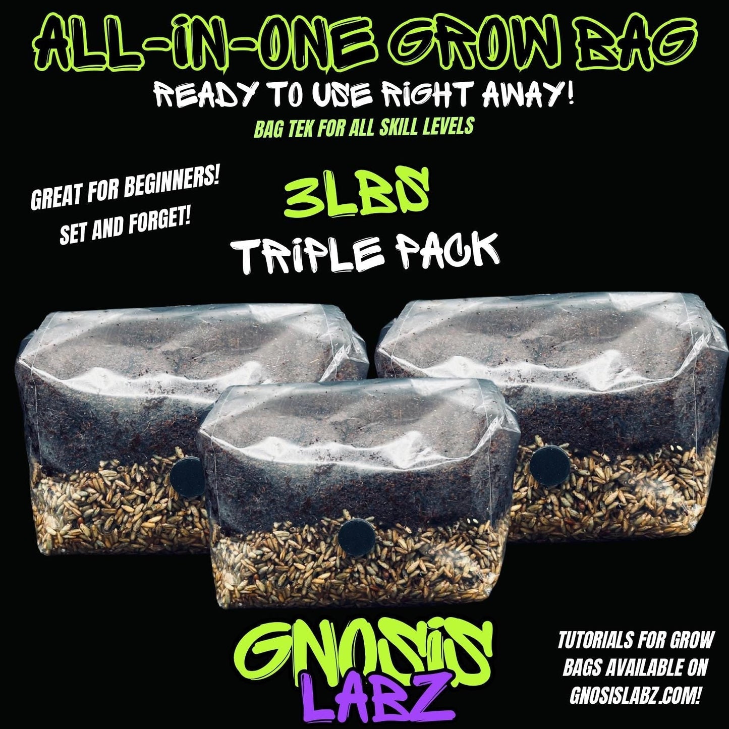 3-Pack 3 lb All-in-One Mushroom Grow Bags | Injection Port + Filter Patch - Gnosis Labz