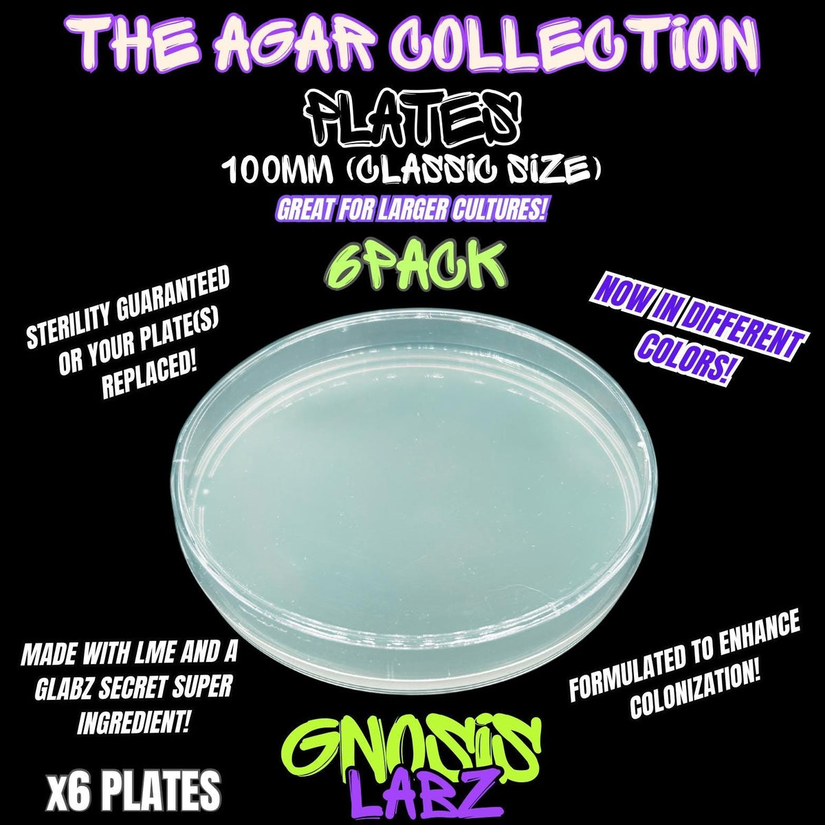 6-Pack 100mm Sterile Agar Plates | Green, Purple, Clear - Gnosis Labz