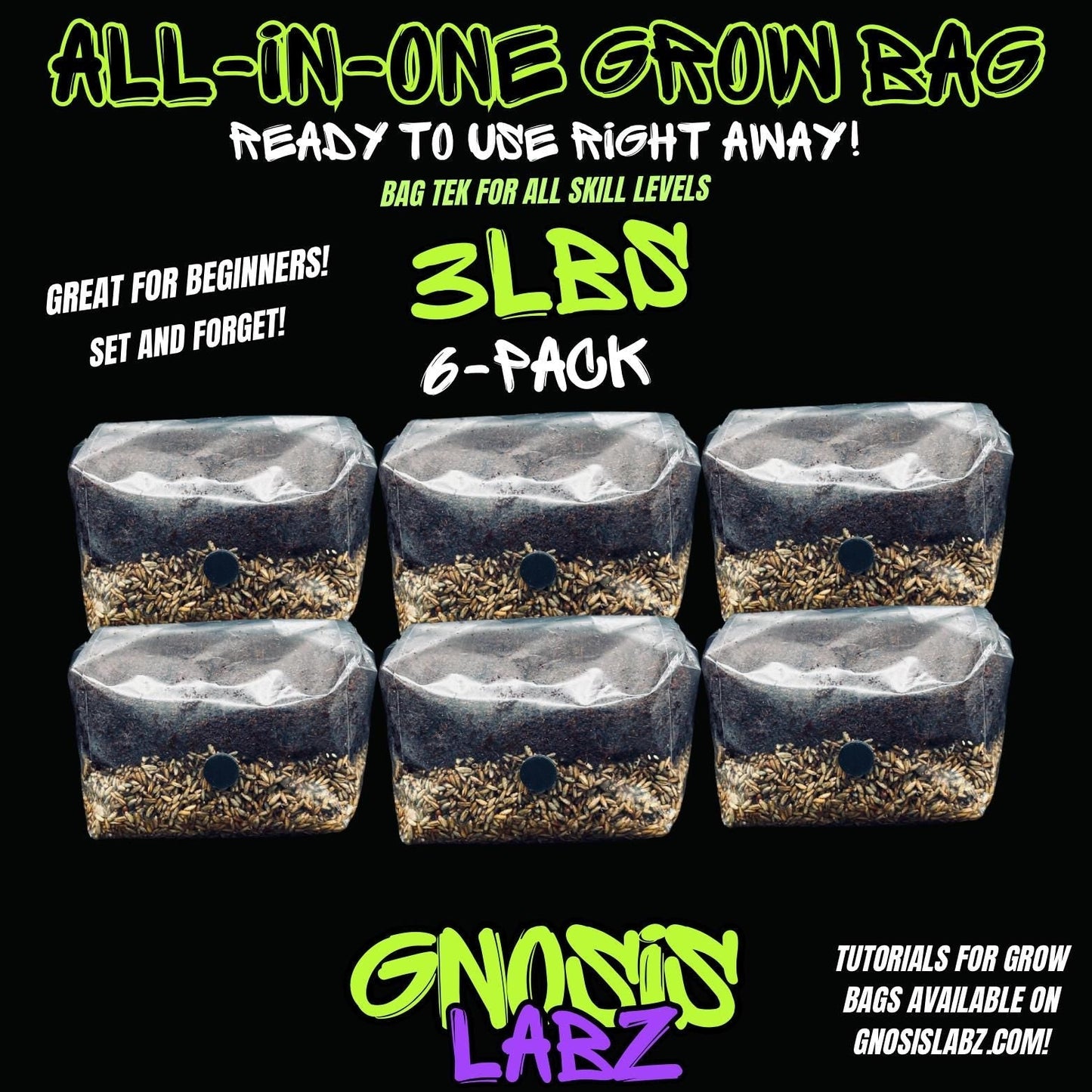 6-Pack 3 lb All-in-One Mushroom Grow Bags | Injection Port + Filter Patch - Gnosis Labz