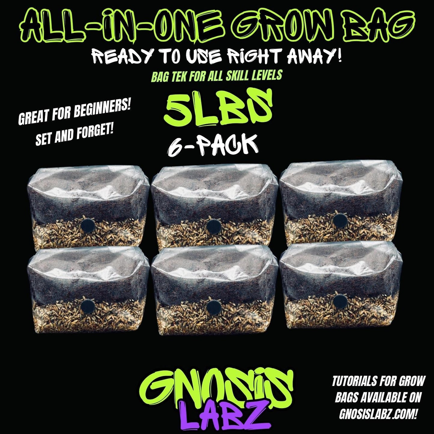 6-Pack 5 lb All-in-One Mushroom Grow Bags | Injection Port + Filter Patch - Gnosis Labz