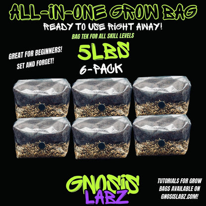 6-Pack 5 lb All-in-One Mushroom Grow Bags | Injection Port + Filter Patch - Gnosis Labz