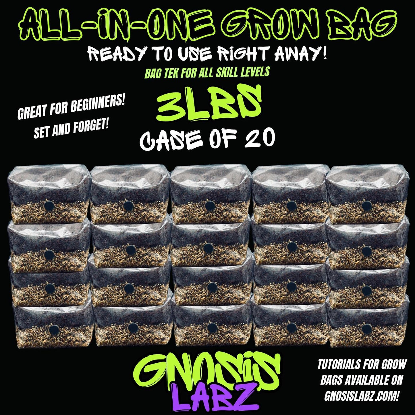 20 Pack of All in One Mushroom Grow Kit Bags (3lbs) with Injection Port and Filter Patch! - Gnosis Labz Gnosis Labz Rye Berries