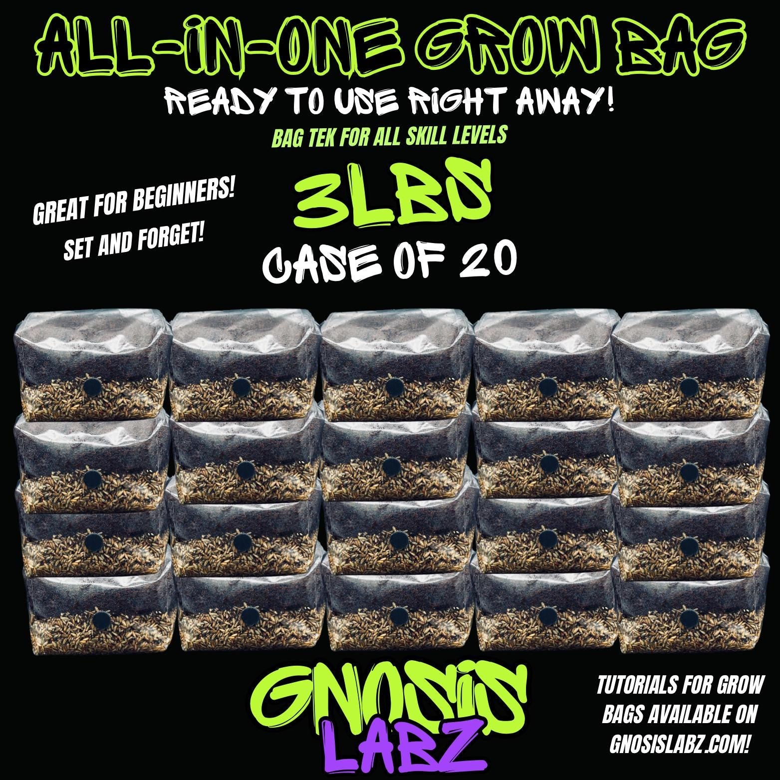 20 Pack of All in One Mushroom Grow Kit Bags (3lbs) with Injection Port and Filter Patch! - Gnosis Labz Gnosis Labz Rye Berries