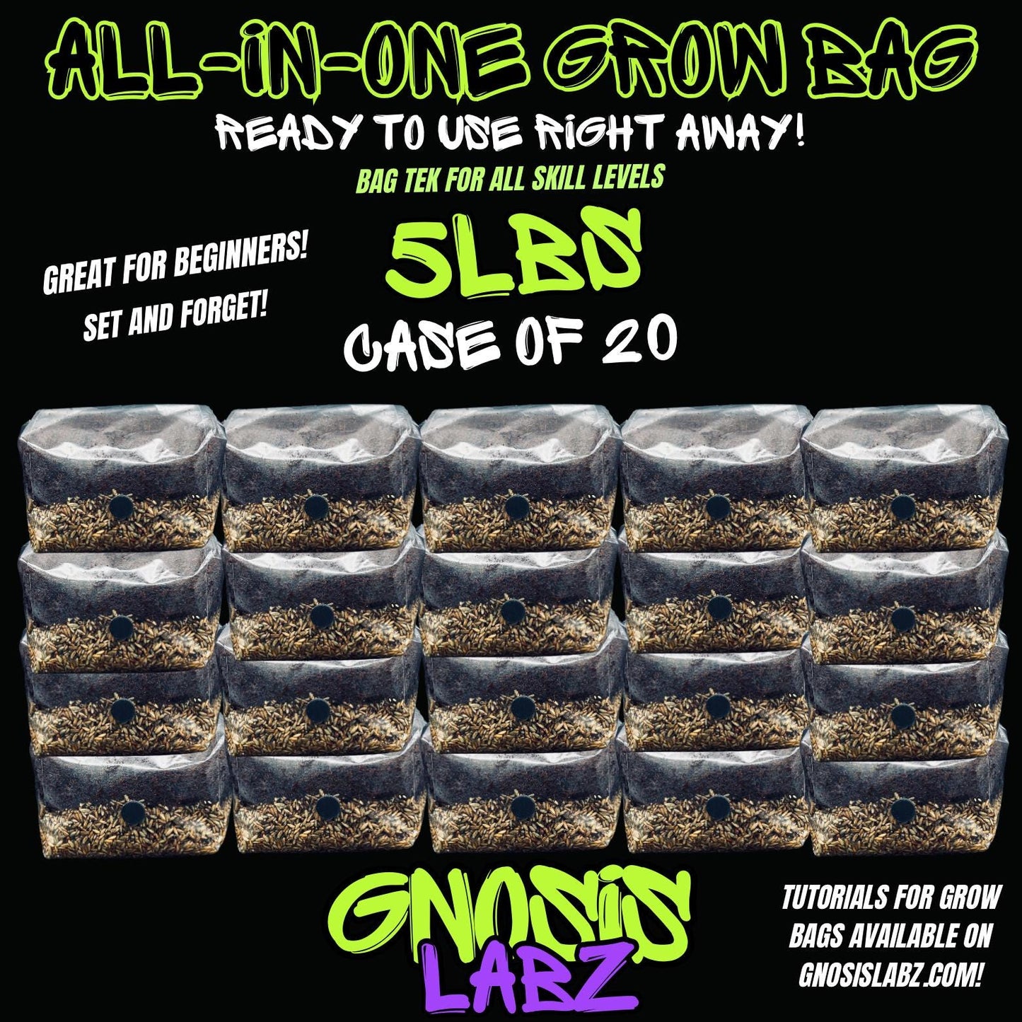 20 Pack of All in One Mushroom Grow Kit Bags (5lbs) with Injection Port and Filter Patch! - Gnosis Labz Gnosis Labz Rye Berries